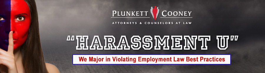 Fan girl with red and blue face shushing Harassment U Employment Law Seminar